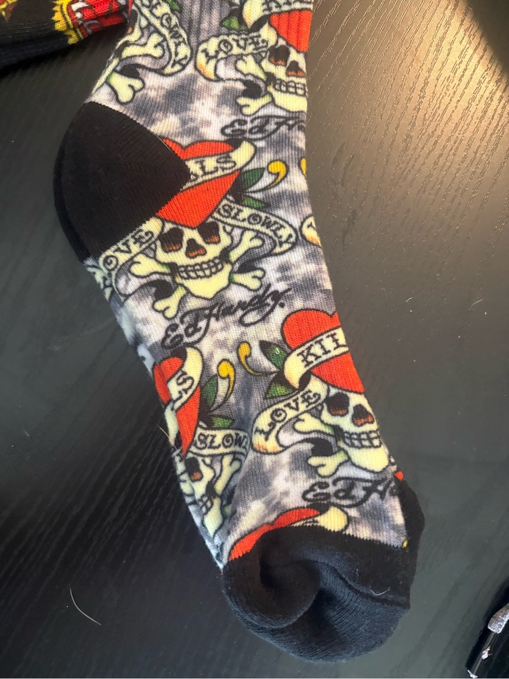 2 pair Ed Hardy Black Socks with Red Heart & Yellow Skull Details NWT